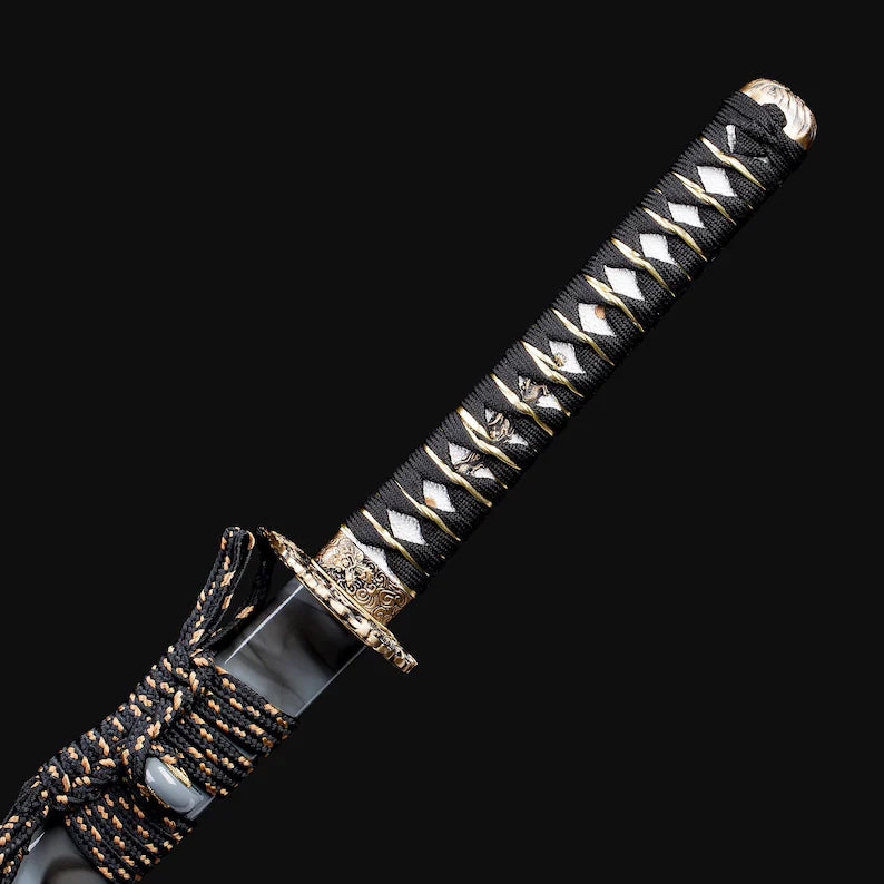 Katana - Damascus, Hammered Spine, Copper Fittings, Swirling Dragons Theme