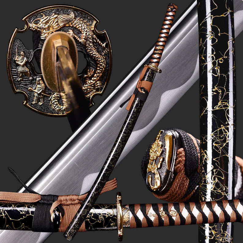 Dragonspring Katana - Black and Tan Dragon - 1060 Steel