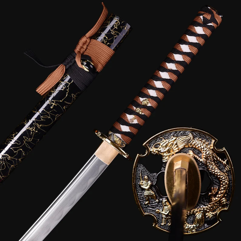 Dragonspring Katana - Black and Tan Dragon - 1060 Steel