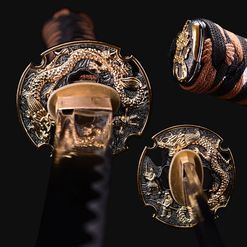 Dragonspring Katana - Black and Tan Dragon - 1060 Steel