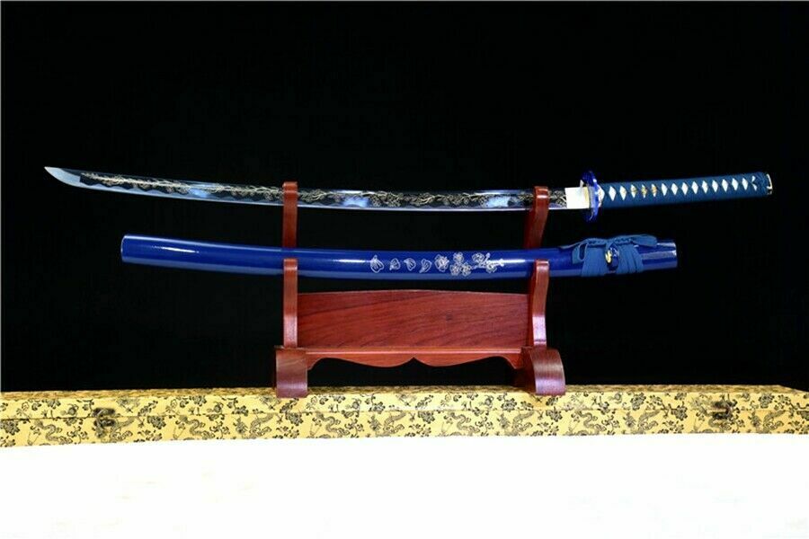 Katana - Blue Fuji - Engraved Carbon Steel, Mount Fuji Theme