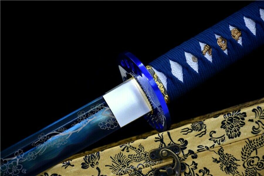 Katana - Blue Fuji - Engraved Carbon Steel, Mount Fuji Theme