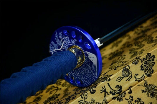 Katana - Blue Fuji - Engraved Carbon Steel, Mount Fuji Theme