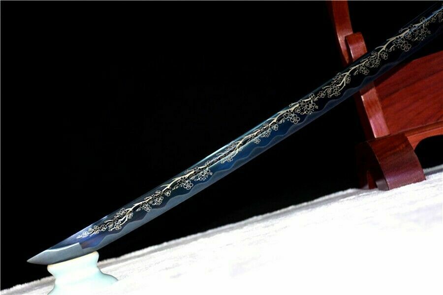 Katana - Blue Fuji - Engraved Carbon Steel, Mount Fuji Theme