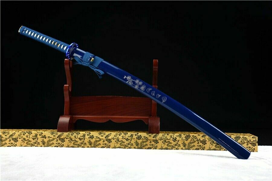 Katana - Blue Fuji - Engraved Carbon Steel, Mount Fuji Theme