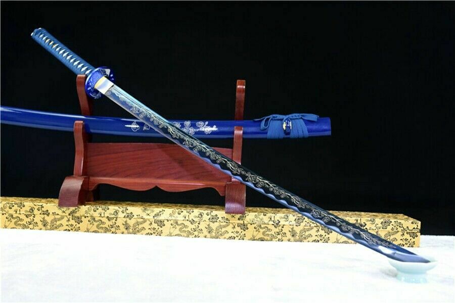 Katana - Blue Fuji - Engraved Carbon Steel, Mount Fuji Theme